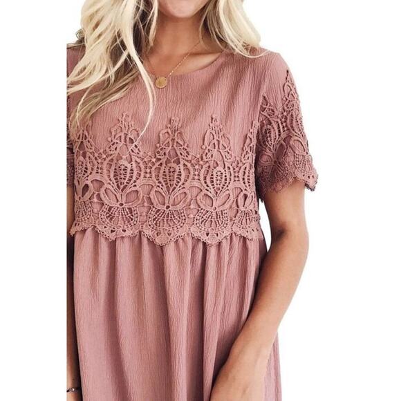 Orange Creek Pink Dusty Rose Lace Bodice Trim Knee Length Dress - Picture 3 of 11